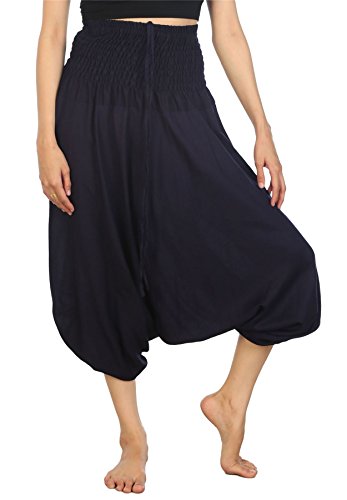 Lofbaz-Jumpsuit-Pantalones-Harem-de-cintura-Slido-fruncido-para-Mujeres-Azul-oscuro-M-0
