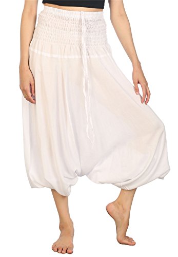 Lofbaz-Jumpsuit-Pantalones-Harem-de-cintura-Slido-fruncido-para-Mujeres-Blanco-S-0