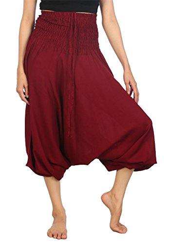 Lofbaz-Jumpsuit-Pantalones-Harem-de-cintura-Slido-fruncido-para-Mujeres-Borgoa-M-0