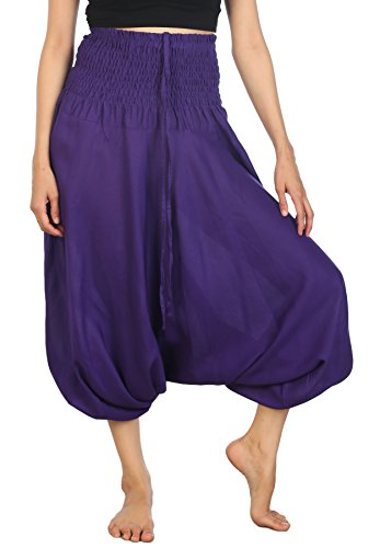 Lofbaz-Jumpsuit-Pantalones-Harem-de-cintura-Slido-fruncido-para-Mujeres-Morado-M-0
