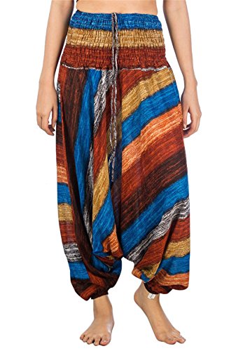 Lofbaz-Jumpsuit-Pantalones-Harem-de-cintura-colores-Smocked-Vistoso-para-Mujeres-Marrn-M-0