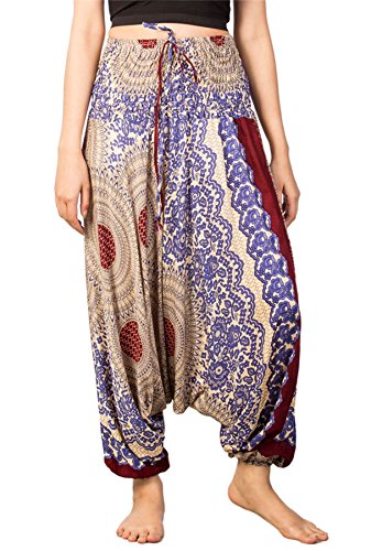 Lofbaz-Jumpsuit-Pantalones-Harem-de-cintura-flor-fruncido-para-Mujeres-Azul-M-0