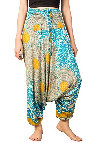 Lofbaz-Jumpsuit-Pantalones-Harem-de-cintura-flor-fruncido-para-Mujeres-Azul-claro-M-0