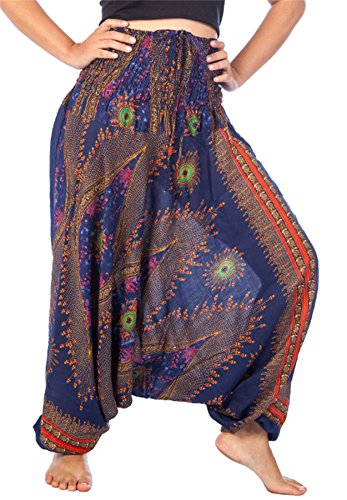 Lofbaz-Jumpsuit-Pantalones-Harem-de-cintura-flor-fruncido-para-Mujeres-Azul-oscuro-M-0-0