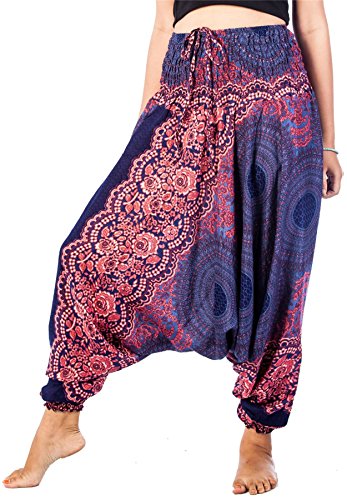Lofbaz-Jumpsuit-Pantalones-Harem-de-cintura-flor-fruncido-para-Mujeres-Azul-oscuro-M-0