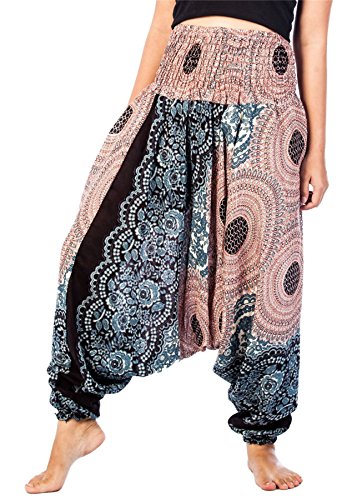 Lofbaz-Jumpsuit-Pantalones-Harem-de-cintura-flor-fruncido-para-Mujeres-Blanco-M-0