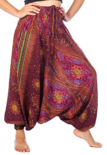 Lofbaz-Jumpsuit-Pantalones-Harem-de-cintura-flor-fruncido-para-Mujeres-Castaas-M-0