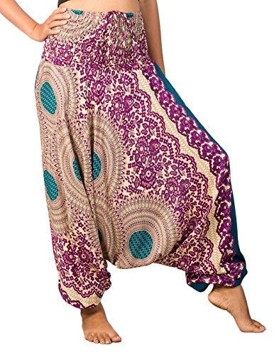 Lofbaz-Jumpsuit-Pantalones-Harem-de-cintura-flor-fruncido-para-Mujeres-Morado-M-0