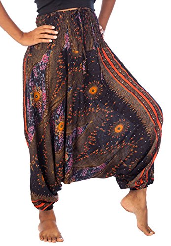 Lofbaz-Jumpsuit-Pantalones-Harem-de-cintura-flor-fruncido-para-Mujeres-Negro-M-0