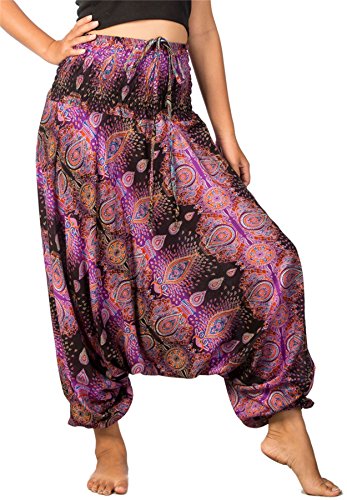 Lofbaz-Jumpsuit-Pantalones-Harem-de-cintura-flor-fruncido-para-Mujeres-Negro-Morado-M-0