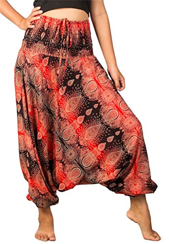 Lofbaz-Jumpsuit-Pantalones-Harem-de-cintura-flor-fruncido-para-Mujeres-Negro-Rojo-M-0