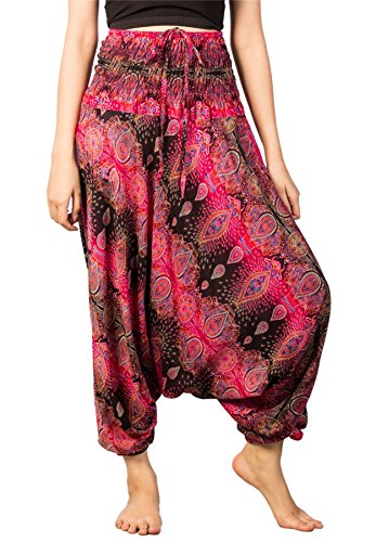 Lofbaz-Jumpsuit-Pantalones-Harem-de-cintura-flor-fruncido-para-Mujeres-Negro-Rosa-M-0