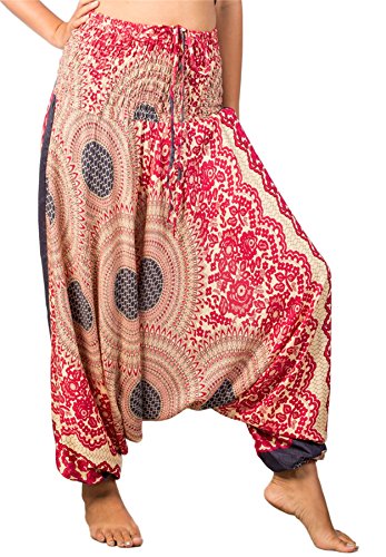 Lofbaz-Jumpsuit-Pantalones-Harem-de-cintura-flor-fruncido-para-Mujeres-Rosa-M-0