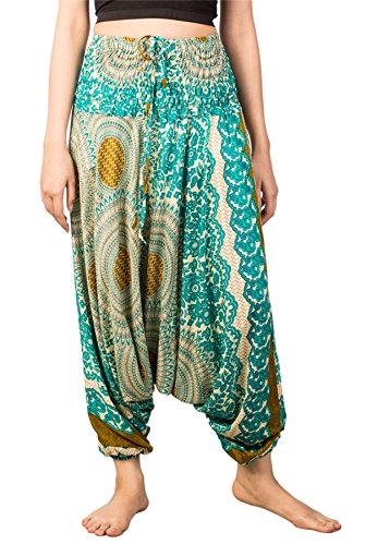 Lofbaz-Jumpsuit-Pantalones-Harem-de-cintura-flor-fruncido-para-Mujeres-Verde-M-0