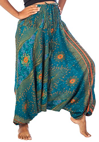 Lofbaz-Jumpsuit-Pantalones-Harem-de-cintura-flor-fruncido-para-Mujeres-Verde-trullo-M-0